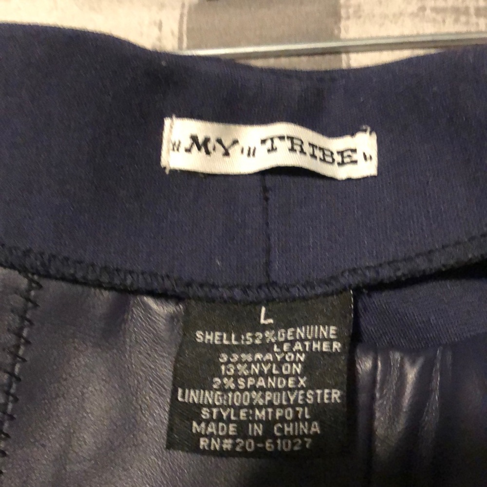My Tribe half leather and fabric navy blue pants.